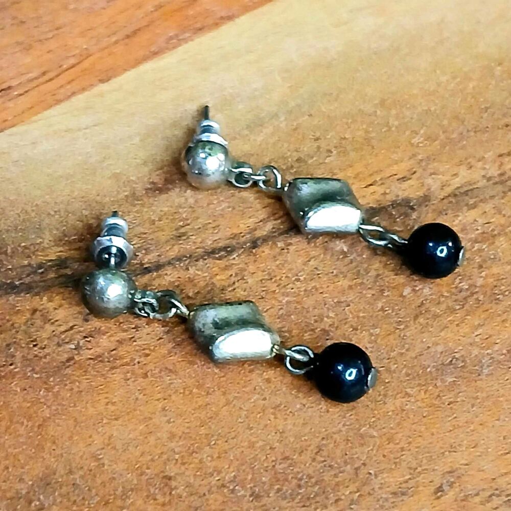 Vintage Black Glass Beaded Dangle Stud Earrings